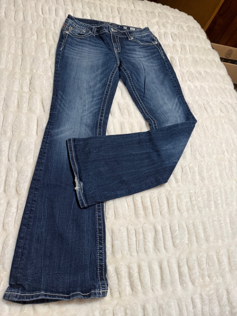 Miss Me Blue Flare Jeans with White Contrast Stitching